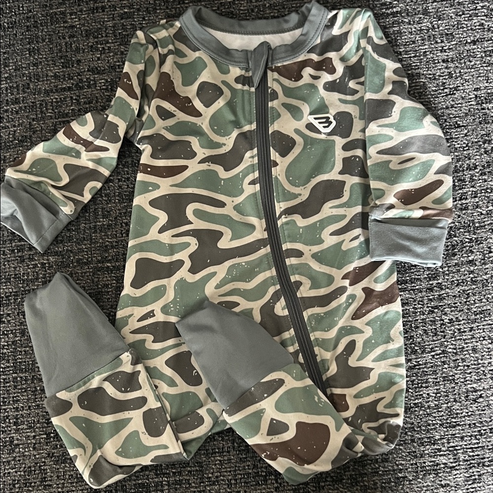 BURLEBO Green and Brown Camo Zip-Up Footed One-Piece